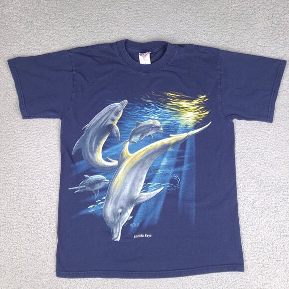 Wild Gear Dolphins Key West T-Shirt Adult Medium Blue Gildan Heavy‎ Cotton - Picture 1 of 11